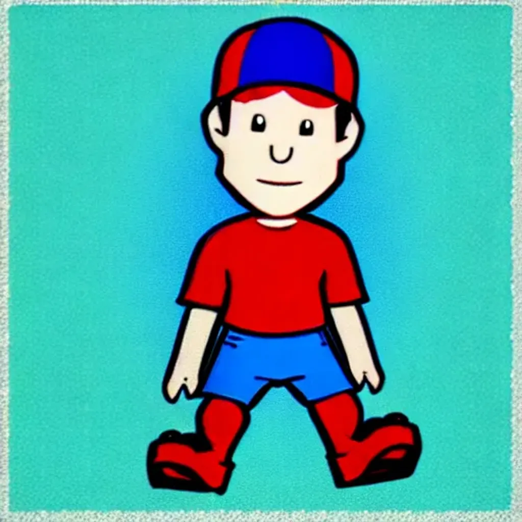 Prompt: a short cartoon character Boy with cyan hair, a backwards red hat with a blue bill, white t-shirt, blue jeans, and red shoes in jetset radio style