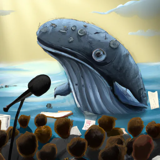 Prompt: a whale being interviewed on stage about his view on global warming, digital art, very detailed, the whale speaks into a microphone from a reporter, you can see the crowd behind
