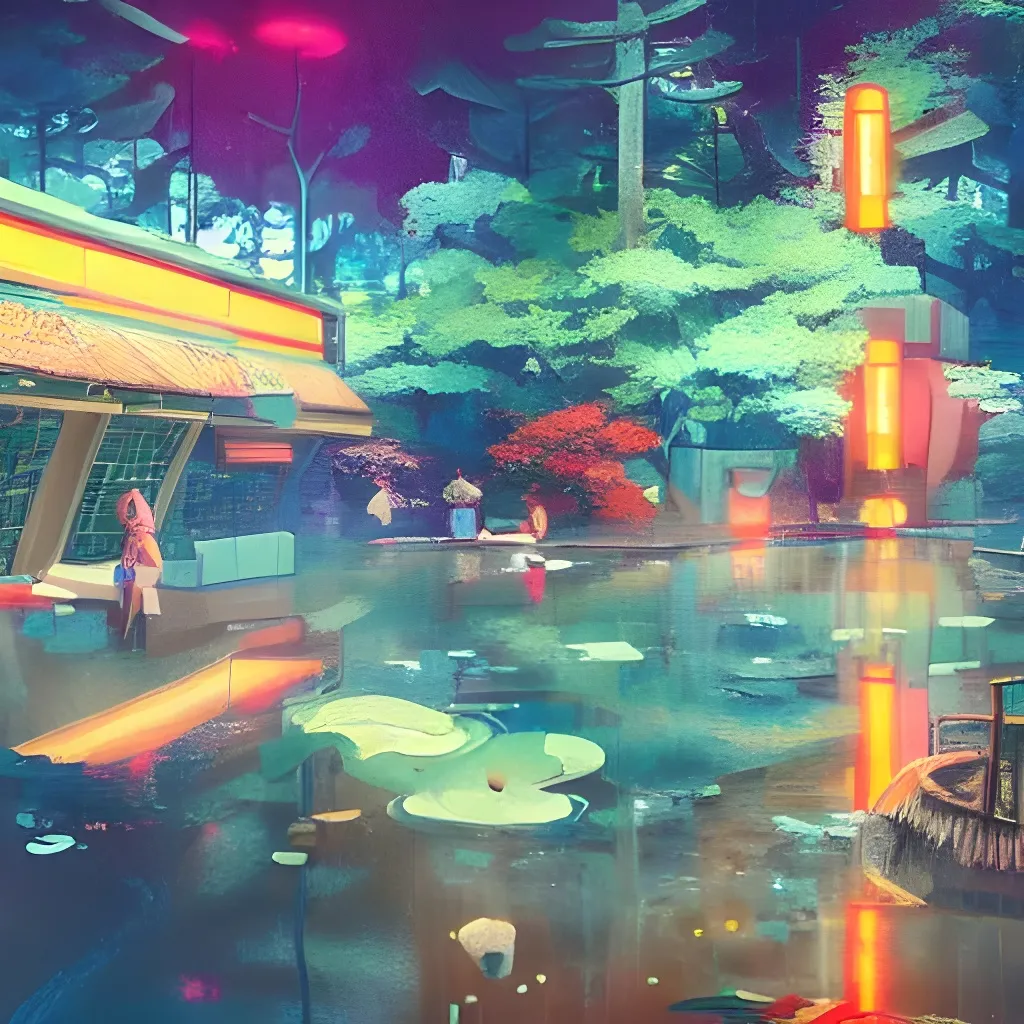 Prompt: a landscape of a japanese hot springs in a psychedelic cyberpunk world in the style of greg rutkowski, wlop, lisa frank, bob ross, ruan jia