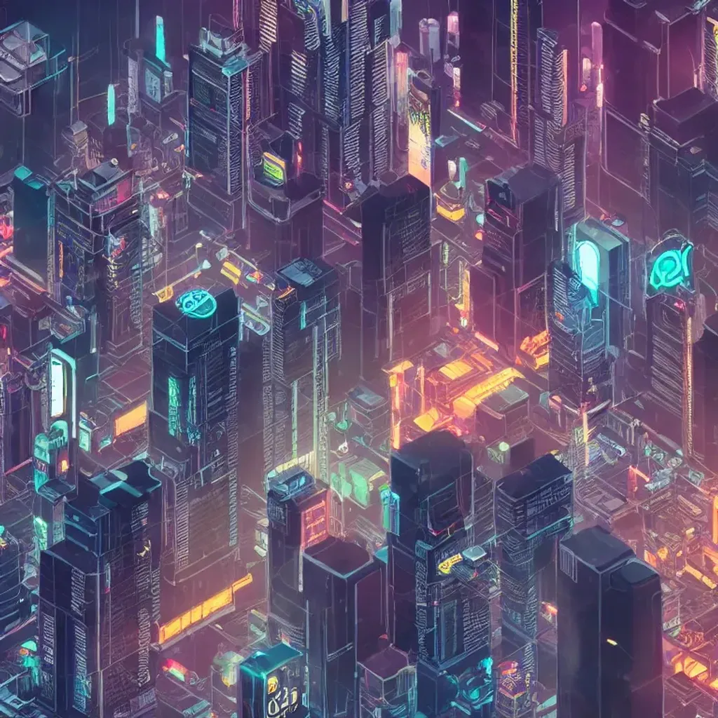 Prompt: cold and dark metropolis, cyberpunk theme, neo signs, isometric