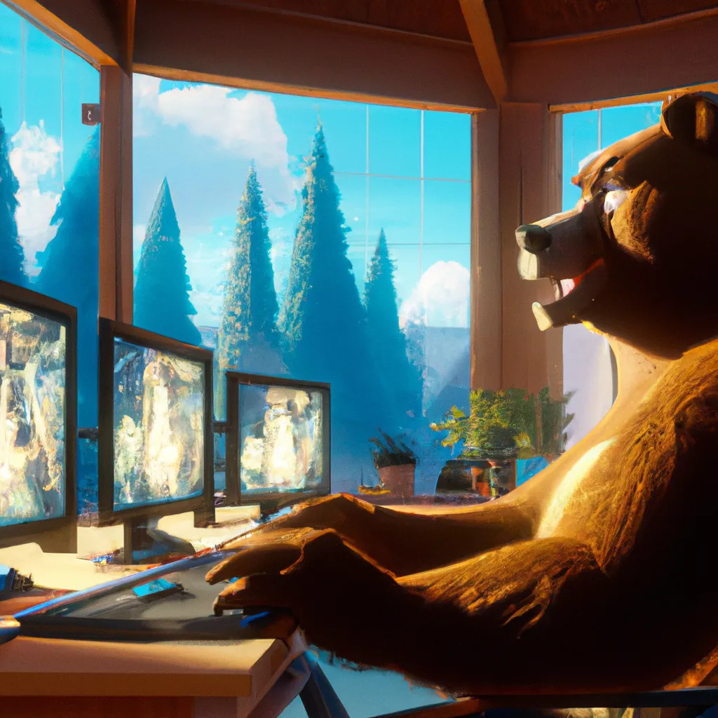 Prompt: grizzly bear animal playing video games in a modern room with posters , happy, digital Art, forest background, perfect composition, beautiful, trending on pixiv, 8 k concept art, cinematic, soft lighting, anime visual, official media, spy x family, call-shaded. detailed, detailed face, a still from jungle book disney studios, animated poster