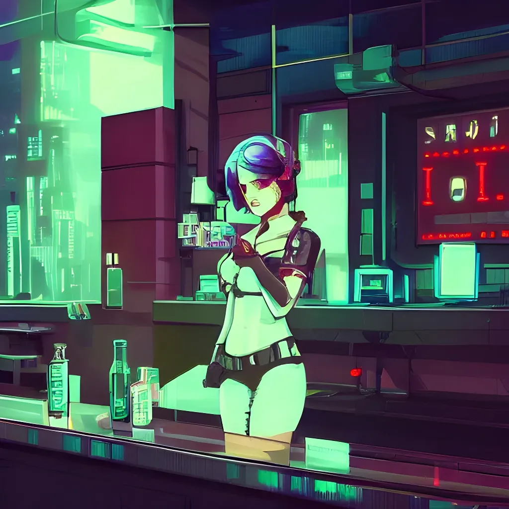 Prompt: va11 hall-a cyberpunk bartender, beautiful pixel art by albertov, artgerm, greg rutkowski, ilya kuvshinov, alphonse mucha, 32 bit, anime art wallpaper, 4k, intricate details, dithered, volumetric lighting, sharp focus, trending on artstation, LucasArts