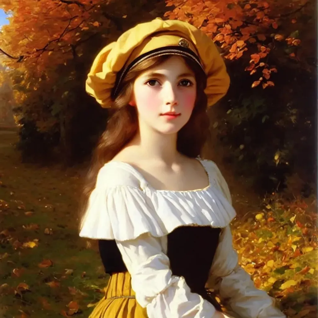 Prompt: beautiful breton girl, detailed realistic face, golden hair, beret. in autumn riverside. painting by winterhalter and kuvshinov and rutkowski