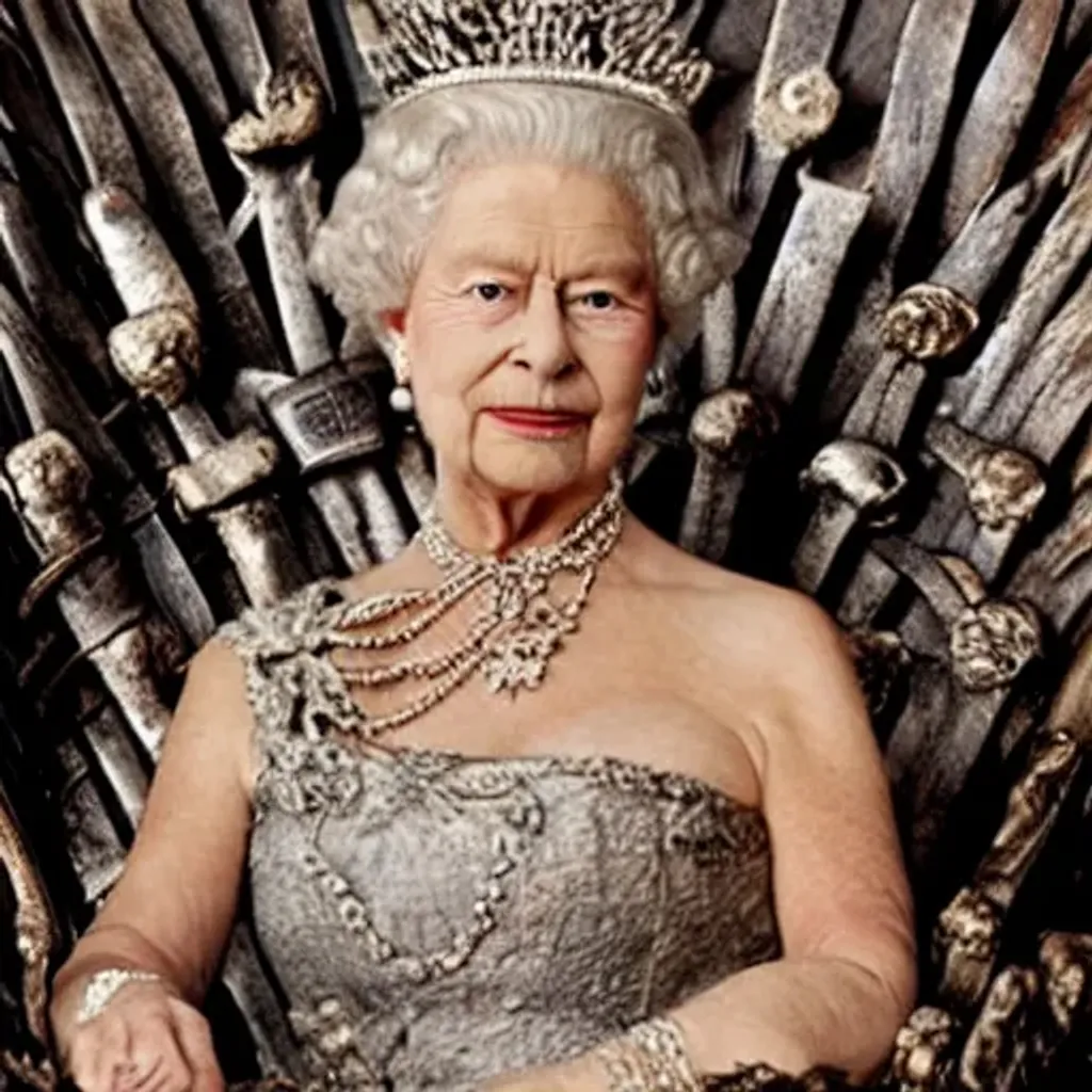 Prompt: Old Queen Elizabeth in full dress sitting on the Game of Thrones'  the Iron Throne. Full color. Close up shot.