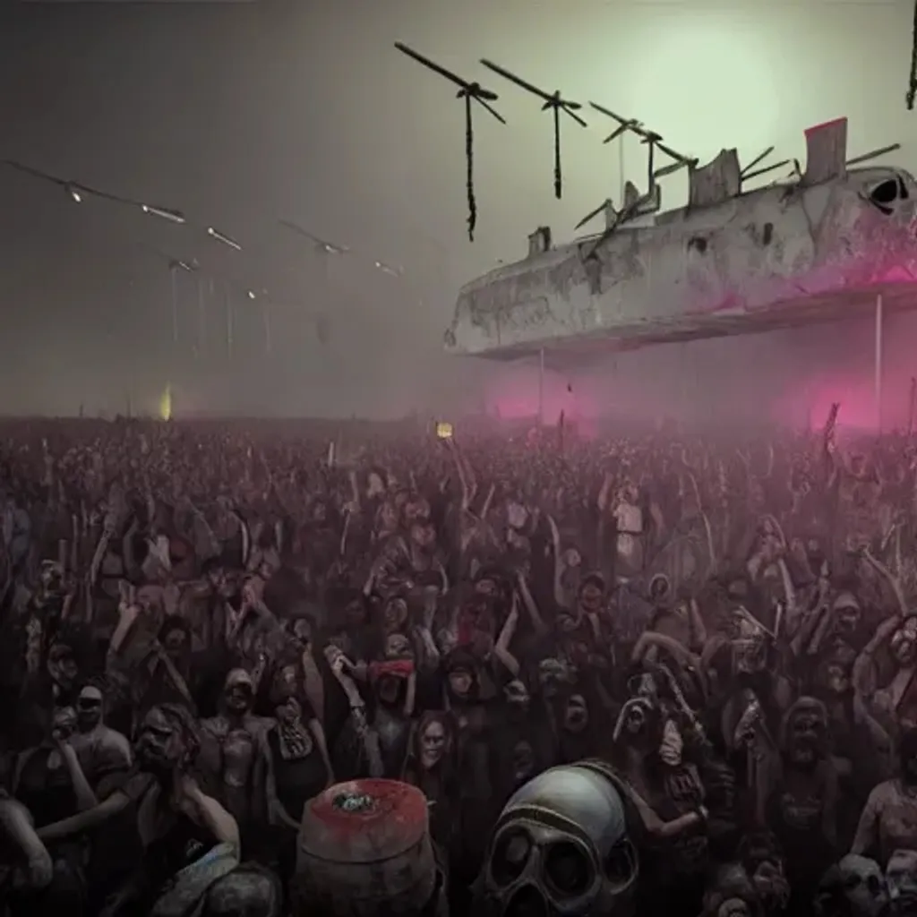 Prompt: Last rave on earth,post apocalypse,8K, photorealistic,crowd,mad Max style