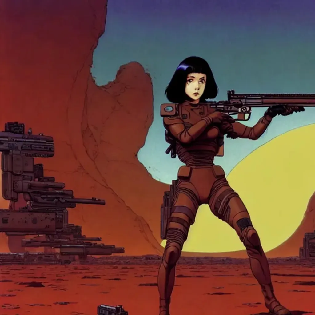 Prompt: Girl with strong build, beautiful face, dark brown hair, aiming rifle, wearing battlesuit standing in alien dessert standing near an alien city , by Makoto Kobayashi, by Moebius, by Jean Giraud, manga, anime style, 80's, Intricate, Hand drawn, concept art, grainy color, dim lighting, Anime Key Visual, beautiful composition