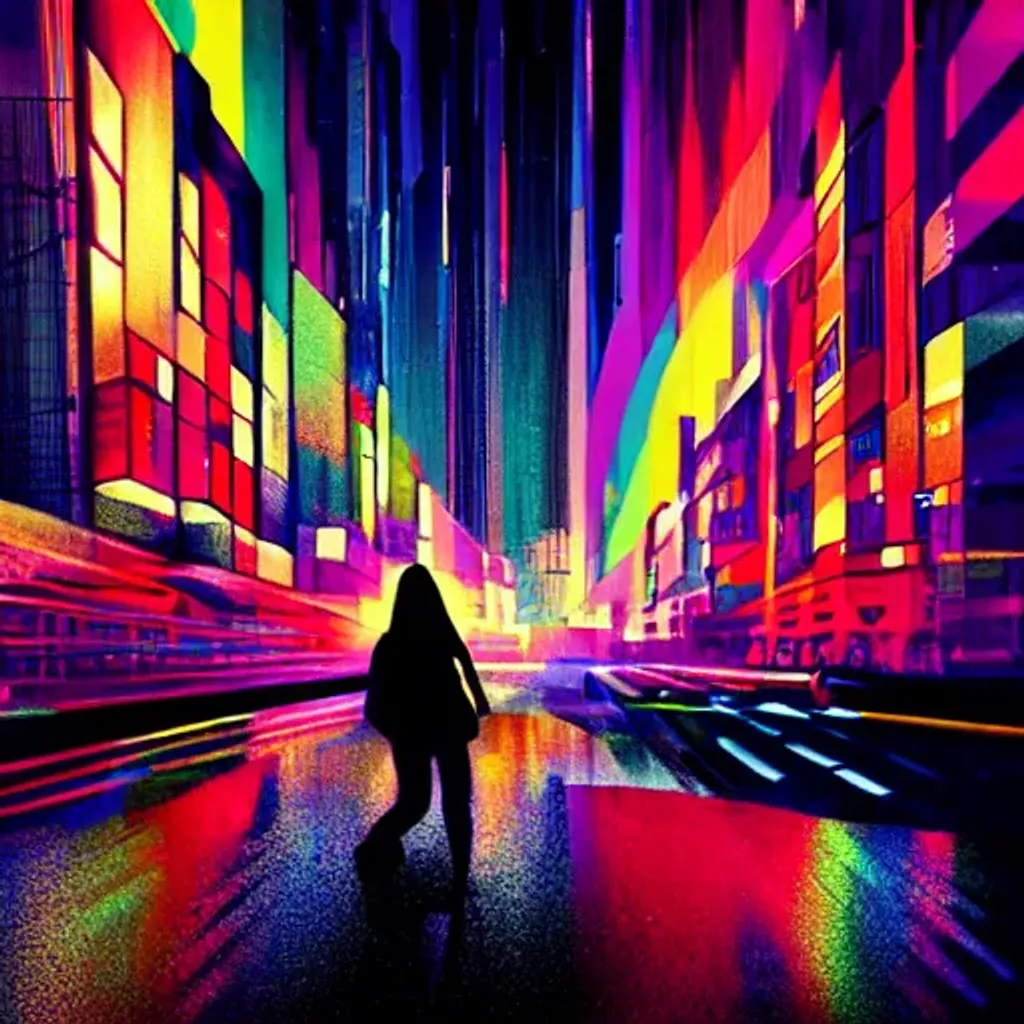 Prompt: Abstract cyberpunk city, rainbow style, at night, rainy, teenage girl walking on street, streetlamp, 8k, trending on artstation