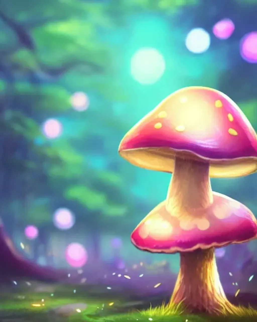 Prompt: concept character art for a cute fantasy mushroom creature with arms and legs, large adorable anime eyes, centered, fantasy mushroom forest, bokeh effect, magical lighting, golden hour, lens flare, pastel pink glow, beautiful glowing lights, bio-luminescence, epic fantasy, fine art, clean, polished, trending on artstation, brush strokes, smooth, sharp focus, professional award-winning illustration, matte painting by pixar, luke chueh, matt dangler, greg rutkowski, dan mumford