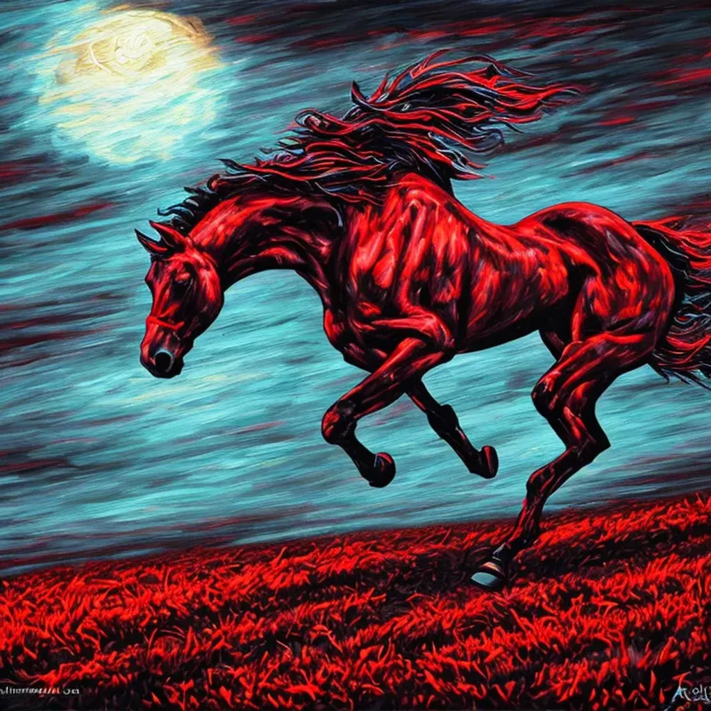 Prompt: red landscape, a horse running,  oil painting sinister by Dan Mumford and ashley woods, imagery fear