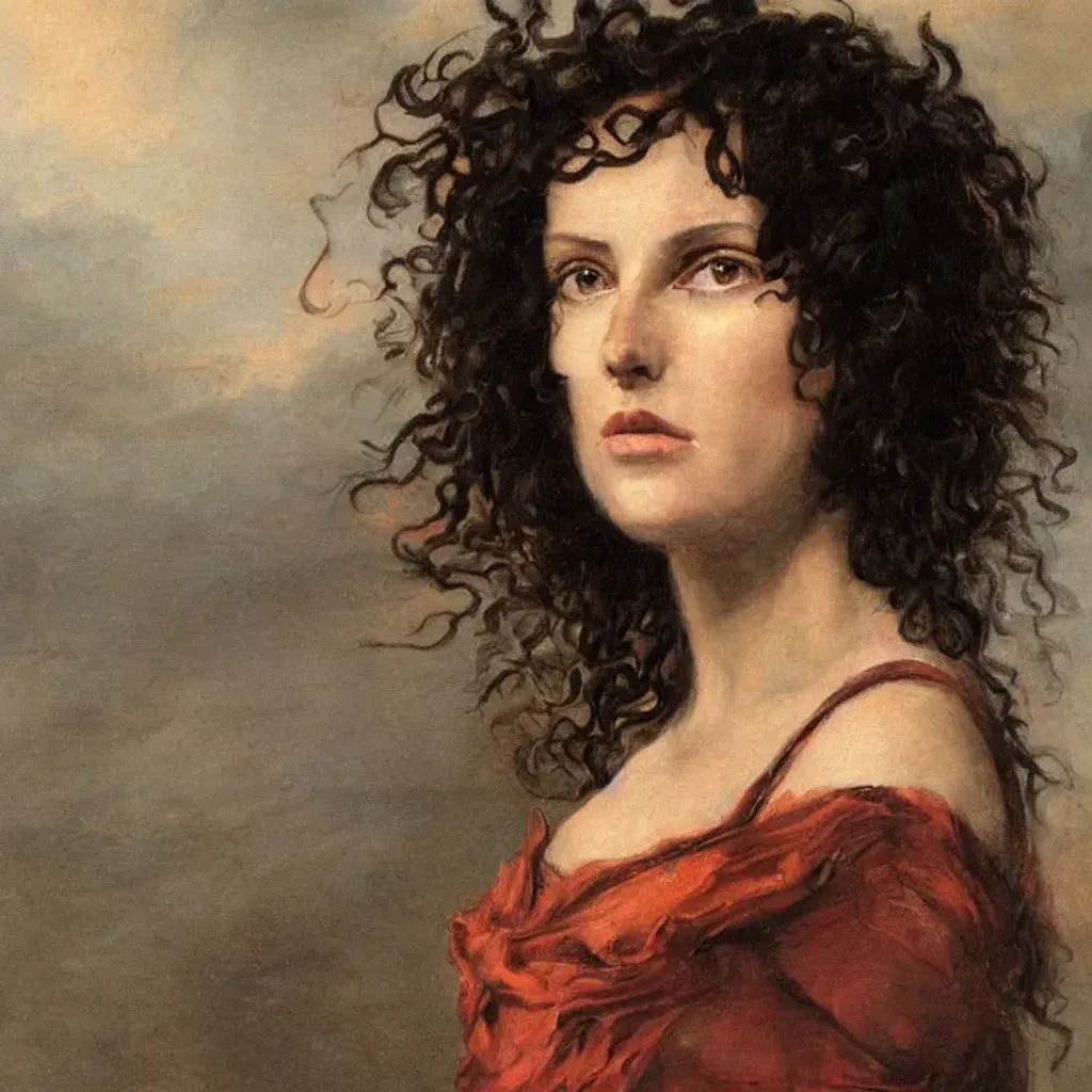 Prompt: portrait of Dido in flames, very attractive woman with curly long dark hair
