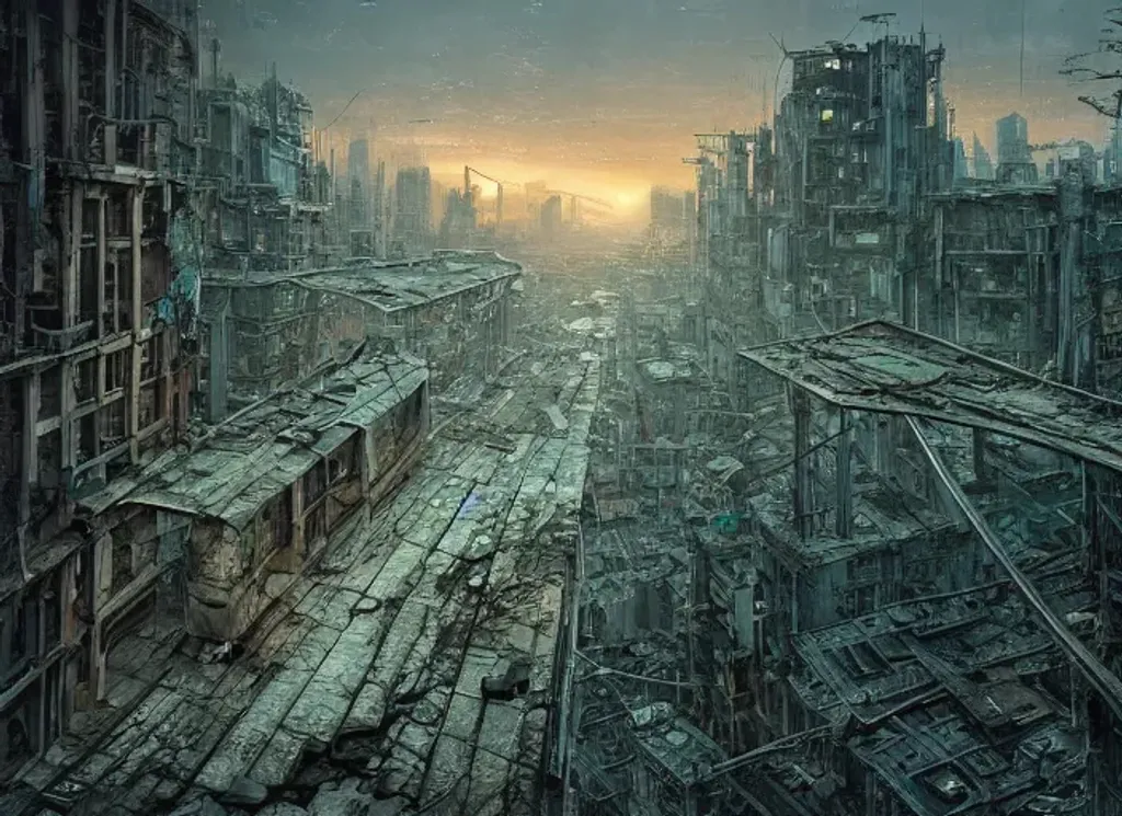 Prompt: view from a window, a desolate post-apocalyptic cityscape, multilayered broken bridges, high density, green sunset and nightfall, photorealistic, cinematic lighting, hyperdetailed, deep colors, concept art by James Chadderton, Michał Karcz, Dino Tomic, Emmanuel Shiu and Ruan Jia and John Berkey, trending on artstation