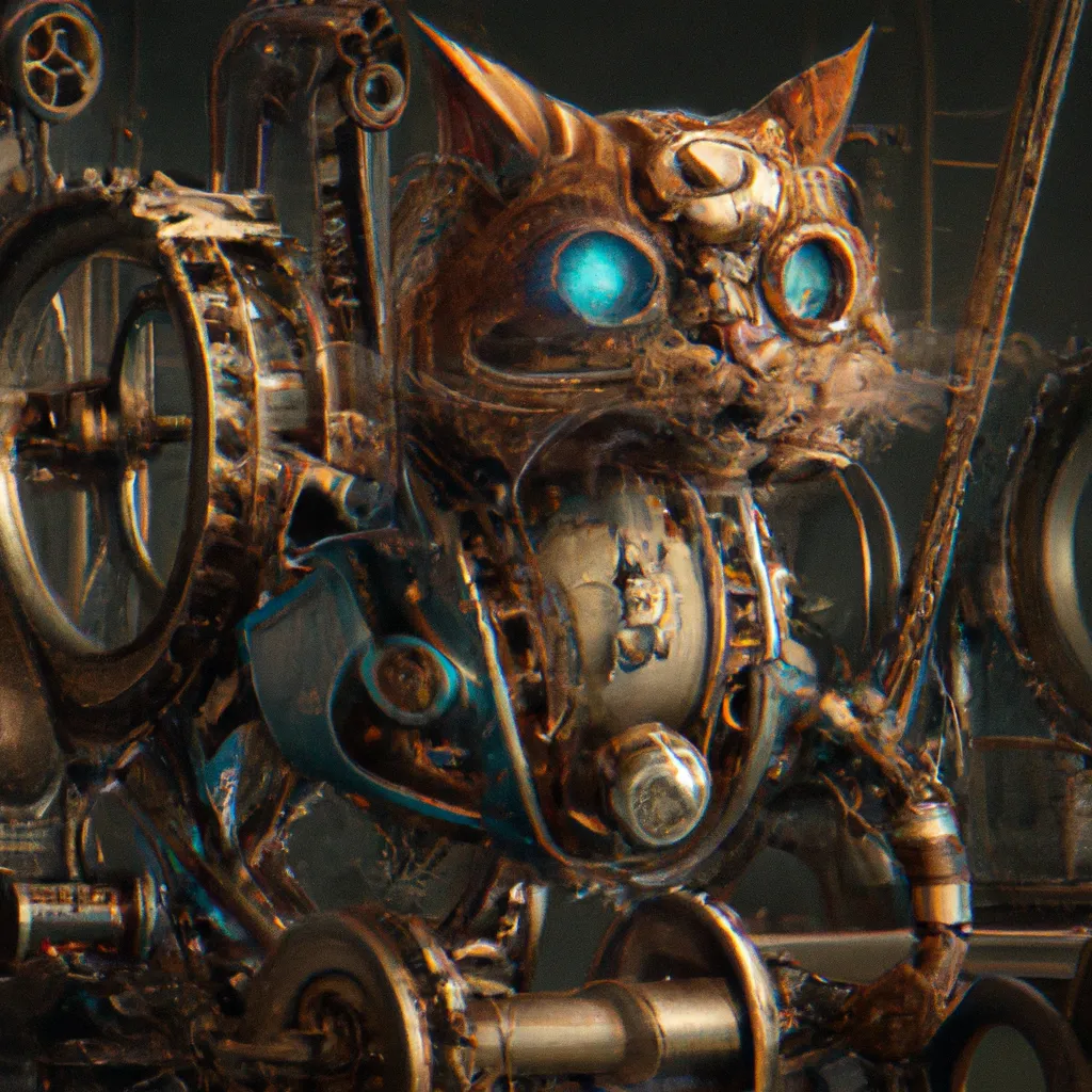 Prompt: A steampunk cat made out of gears and wheels, photorealistic, digital art, high details-7, award winning, 4k studio, trending on artstation very detailed, cinematic-7 machine, concept art