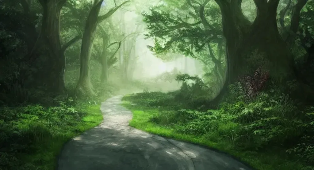 Prompt: Path in the lush green forest leading to the road with black car seen in the distance, fantasy art trending on ArtStation