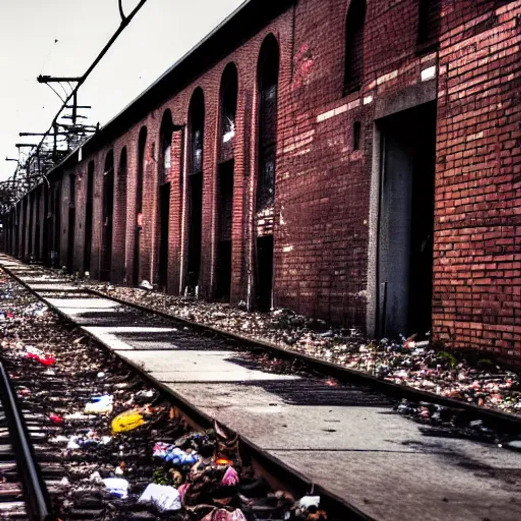 Prompt: abandoned railway in city alley, concrete ground with garbage, brick buildings, low light