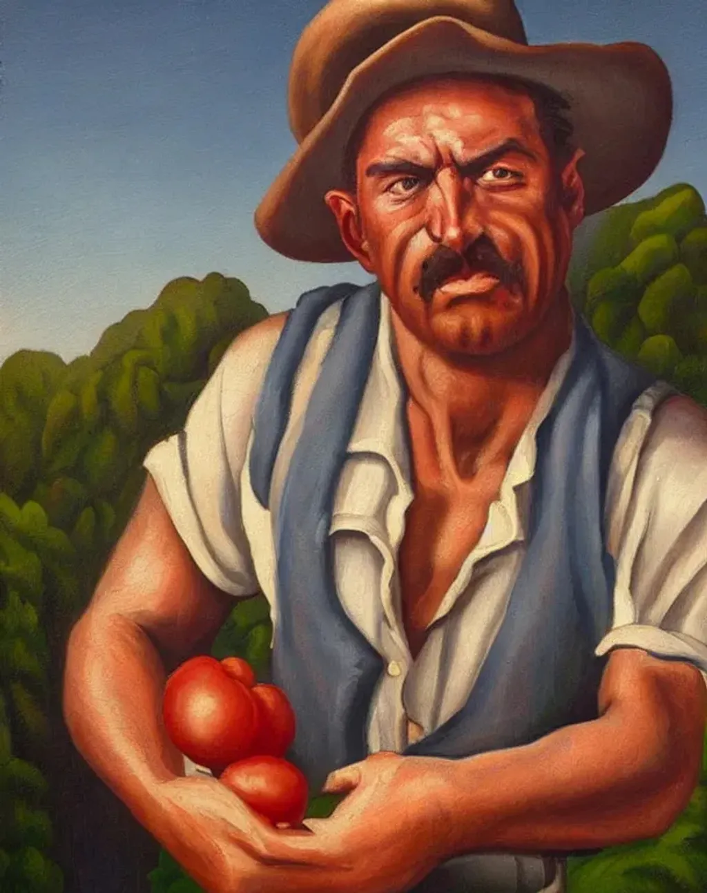 oil painting by Thomas Hart Benton of a rough rugged...