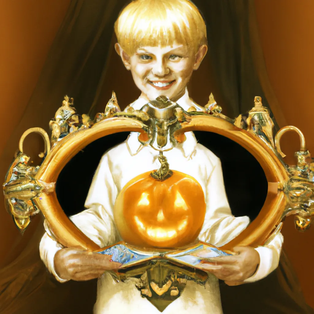 Prompt: highly detailed, portrait painting, of a mirror relfex of a young albino boy holding a smiling glowing jack-o lantern , victorian painting, symmetrical, creepy, halloween, grotesque, yellow background, nostalgic lighting, centered,