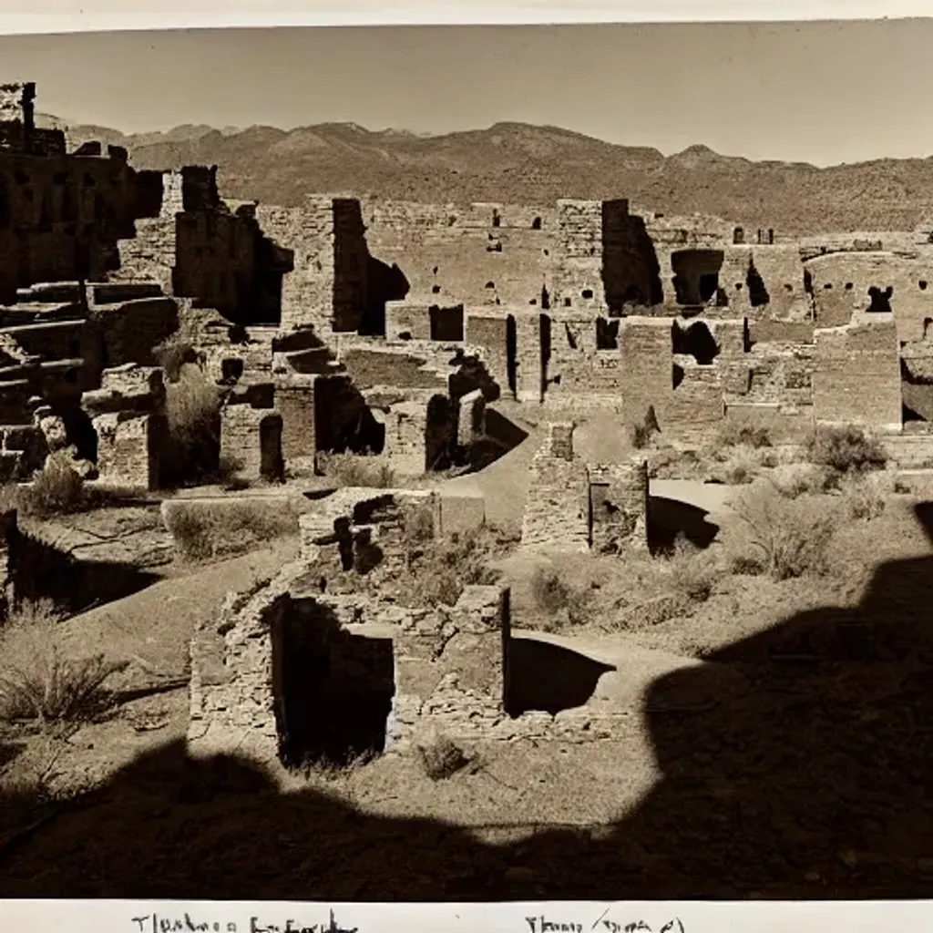 Prompt: Photograph of ancient pueblo ruins in a canyon, showing terraced gardens and lush desert vegetation in the foreground,  by Timothy H. O'Sullivan.