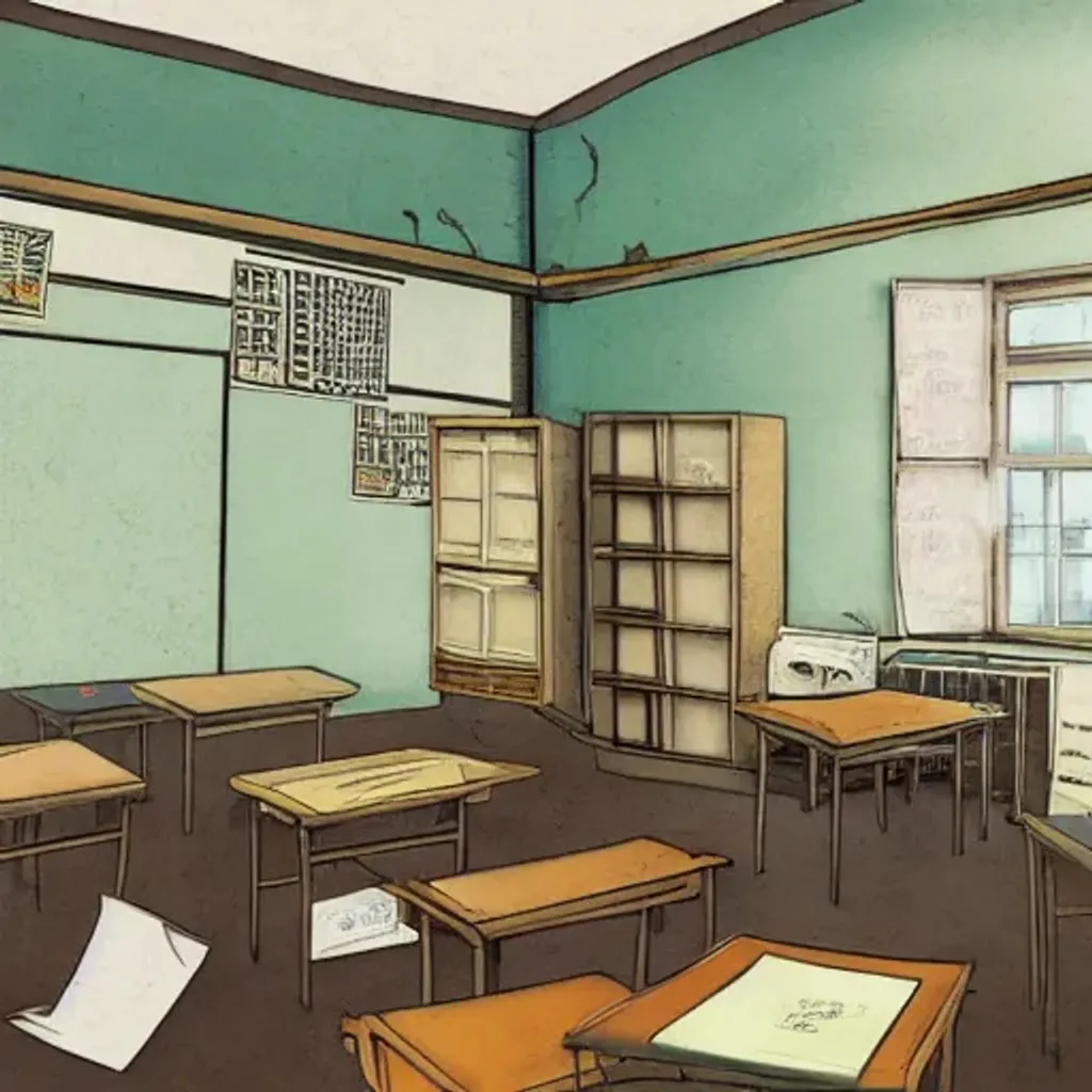 Prompt: abandoned japanese school room, broken desks, writing on chalkboard, gritty feeling, garbage on floor, liminal space, writing on the wall, anime posters on wall