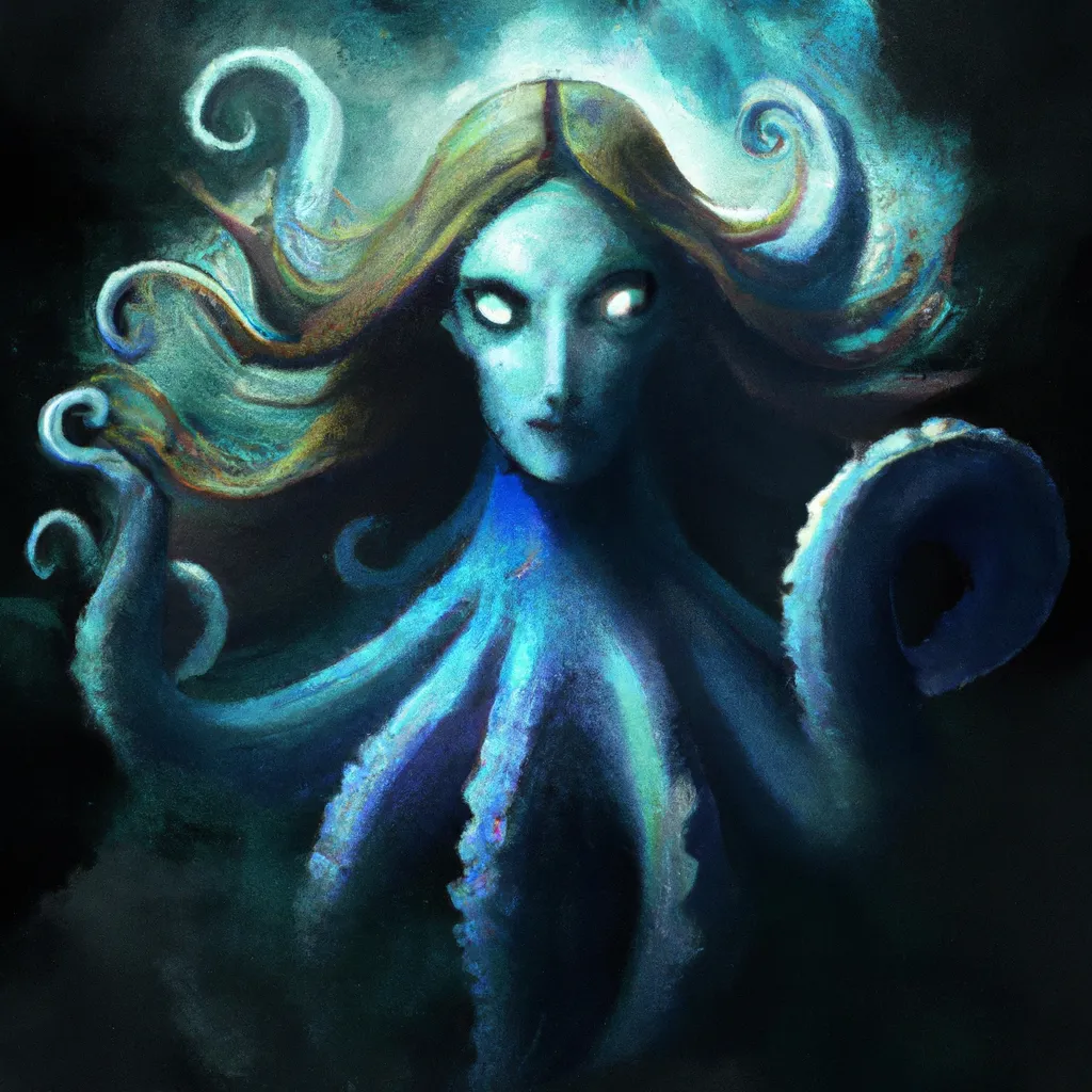 Prompt: evil giant cthulu god, tentacles, fantasy, mist, bioluminescence, hyper-realistic, dark art, fear, a dark female angel floating in the clouds, with a soft detailed face, young soft glowing skin tone, attractive, charismatic, blushed cheeks, sultry blazing blue eyes, blood red lips, shapely nose, radiates facial beauty, resolute, strong, dark clouds, William-Adolphe Bouguereau-like, realistic detail, hyper-realism, 8k