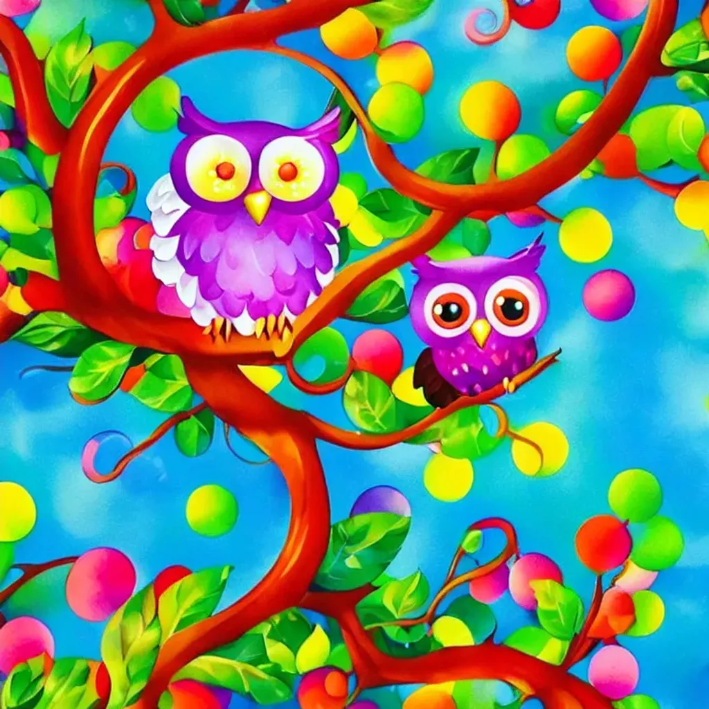 Prompt: portrait of a cartoon baby owl on a branch, vibrant colors Candyland wonderland gouache swirls 