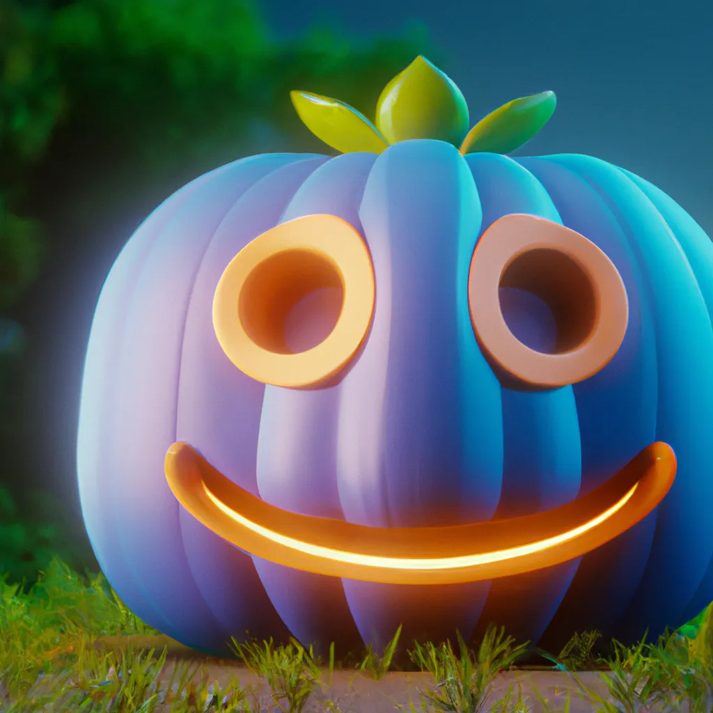 Prompt: cute 3D render of a colourful pumpkin head in a clay style, glowing eyes, frontal view, blue spooky forest background, substance 3d painted, blender, smooth texture, high resolution, trending on behance.net, by Carlos Behrens