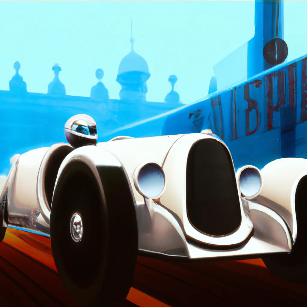 Prompt: Very smooth Art deco style airbrush painting of an art deco style aero dynamic Le Mans style racing car in a vintage Monaco racing decor in the style of John Mattos, trending on ArtStation