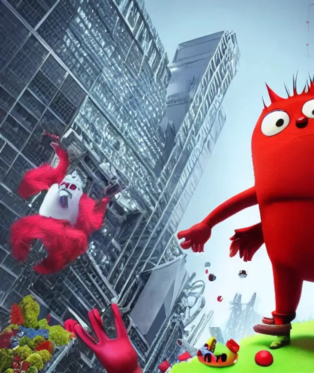 Prompt: a render of a round adorable monster man in a red jumpsuit, wearing shiny black goggles, long pointy pink nose, long spikey light brown moustache, large cartoonish hands with white gloves, evil villain grin, high tech, hdr, 4 k, he is standing over the lorax, the lorax is on the ground, 3 d