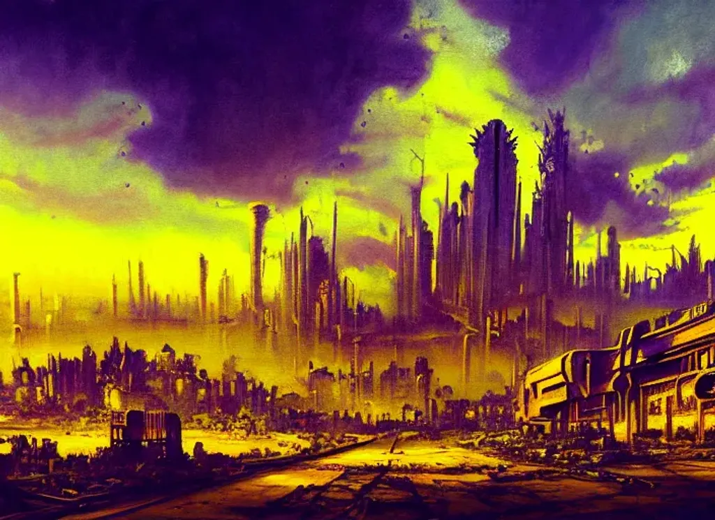 Prompt: A detailed painting of ((((vast Dystopian Wasteland futuristic metropolitan)))), ((((reclaimed by nature)))), ruins, yellow and purple and blue colours, ((((oil painting)))), ornate, disturbing, dramatic lighting, hd, ultra detailed, (((((cinematic shot)))))