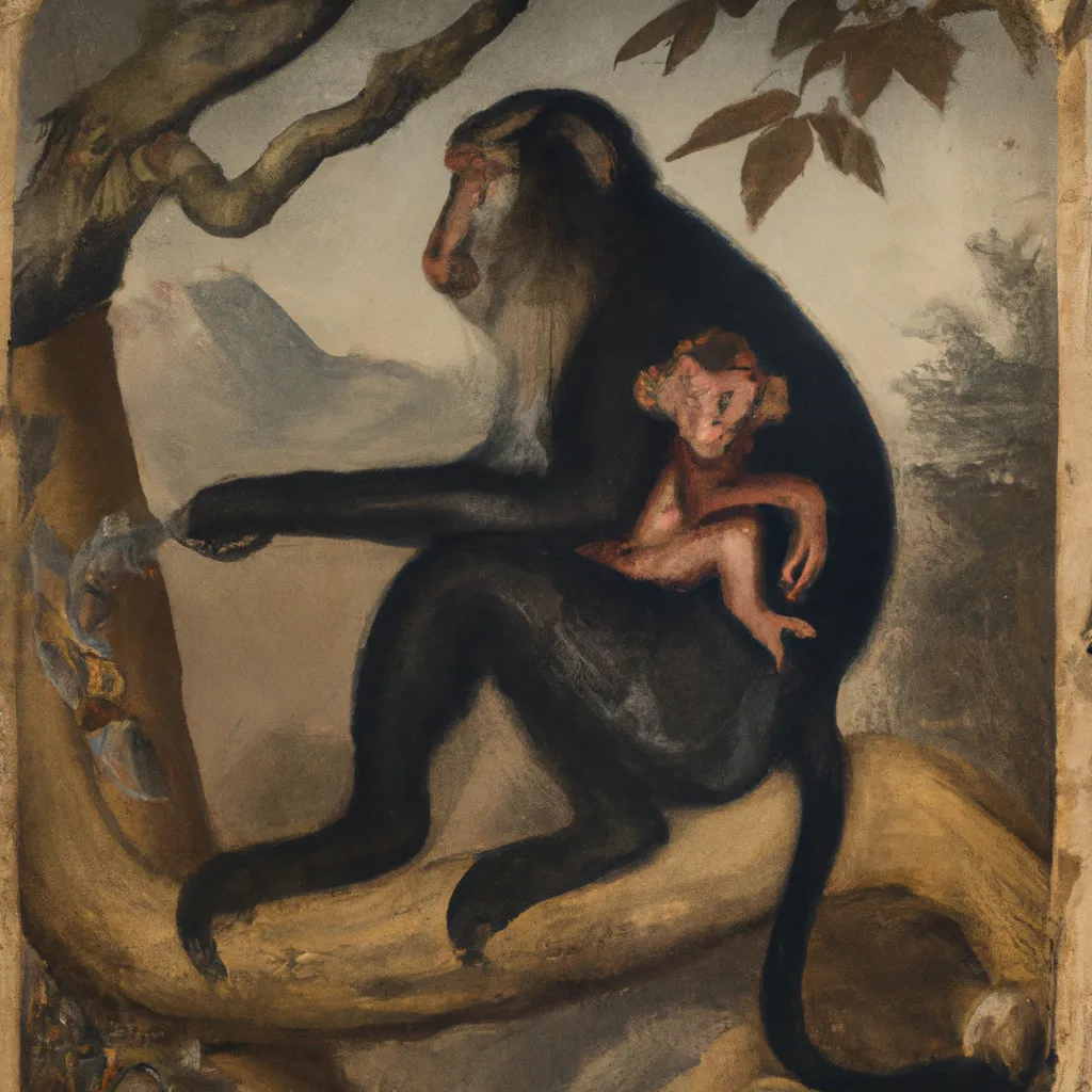 Prompt: 1800s painting of big monkey holding up small monkey in jungle 