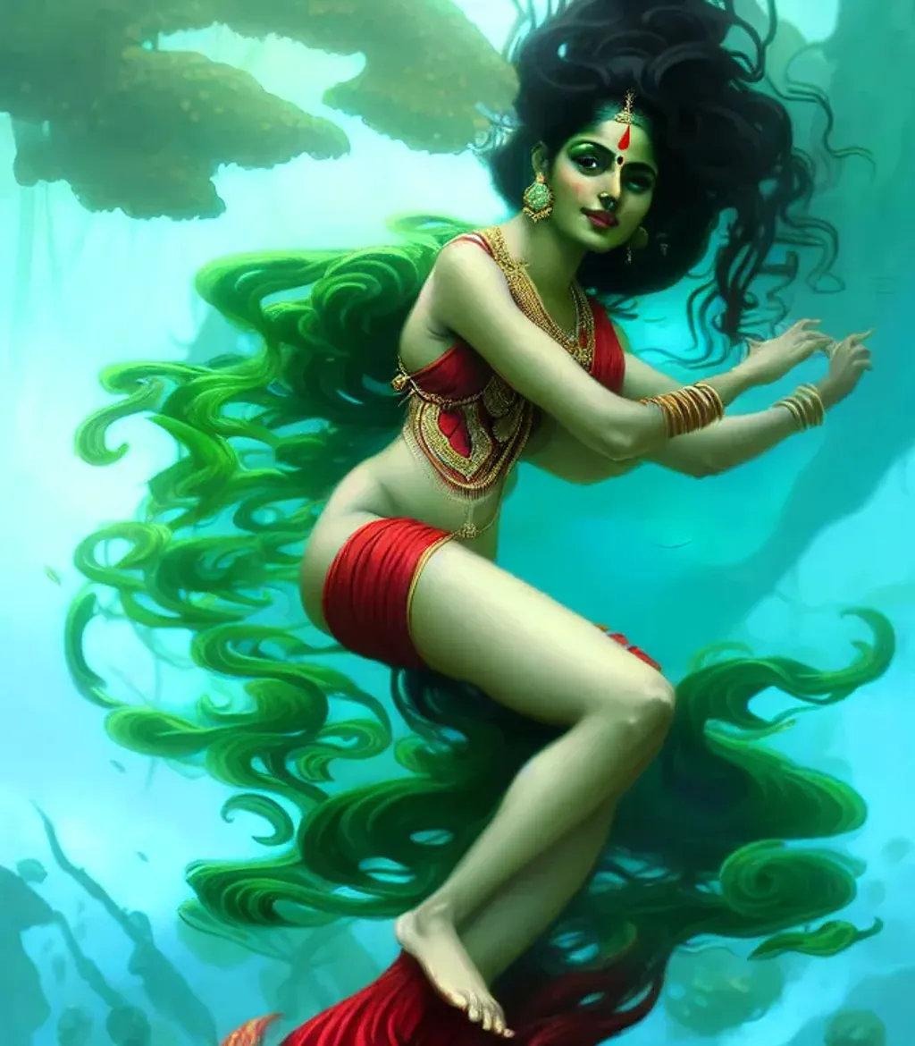 Prompt: cute indian goddess merimaid wearing red silk dress underwater diving with green algae skin and black hair. complex, scifi, fantasy, intricate,  digital painting, artstation, smooth, sharp focus, illustration, art by artgerm and greg rutkowski and alphonse mucha