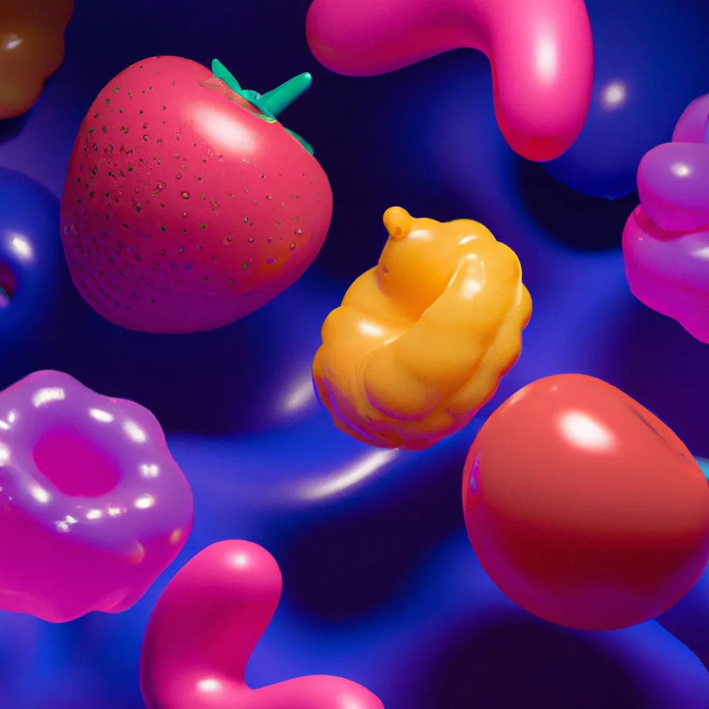 Dramatic Random Images floating gummy fruits, dramatic lighting, echoes, oc...