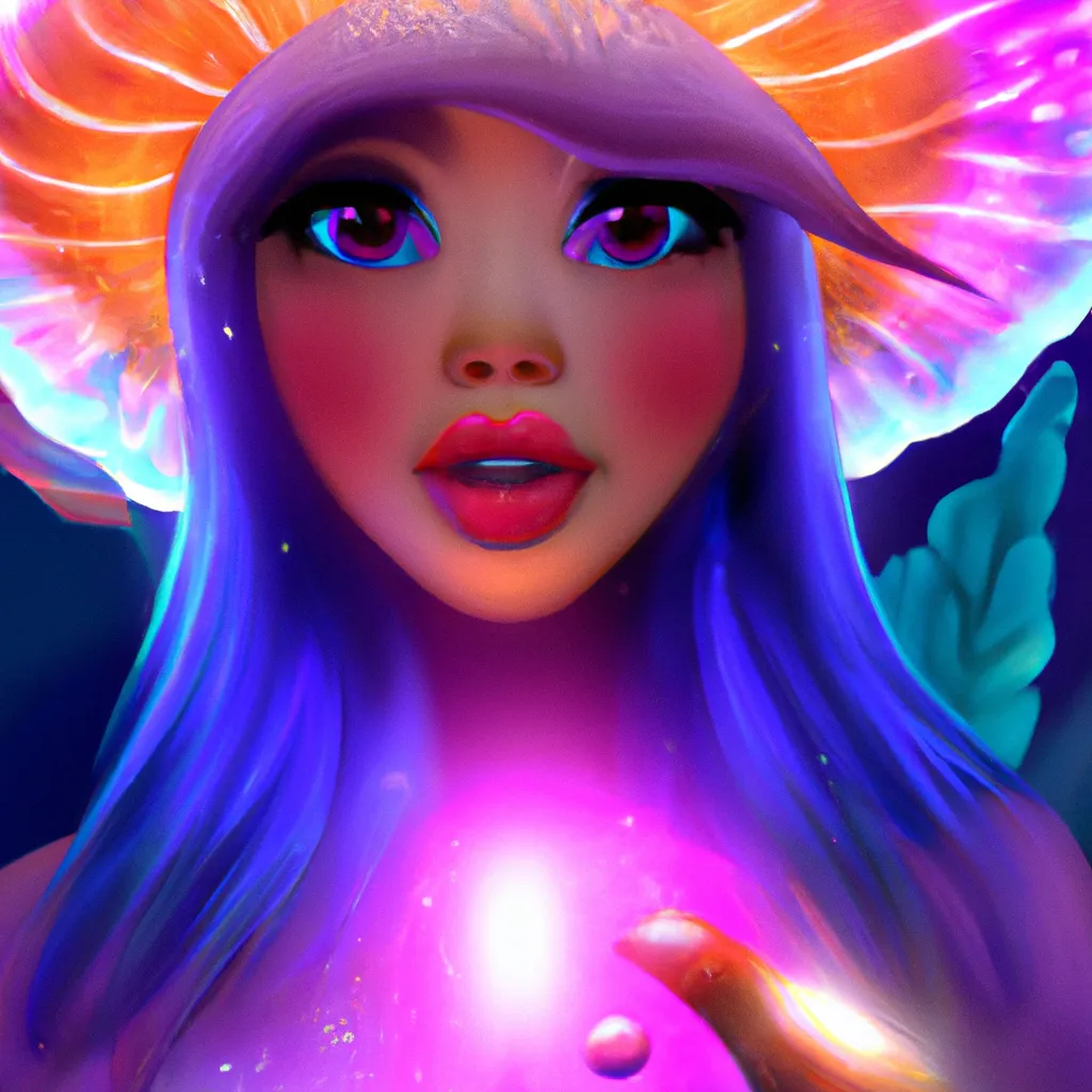 Prompt: Detailed illustration, beautiful mermaid with fin ears, glowing mushroom hat, portrait, key visual, character design, character concept, bright lighting, deep sea, coral reef, fish, High detail,high quality, 8k, fantasy atmosphere, magic, character concept art from a popular video game, animation, pixar, disney, anime, animated, opal pearl tail, shimmering scales