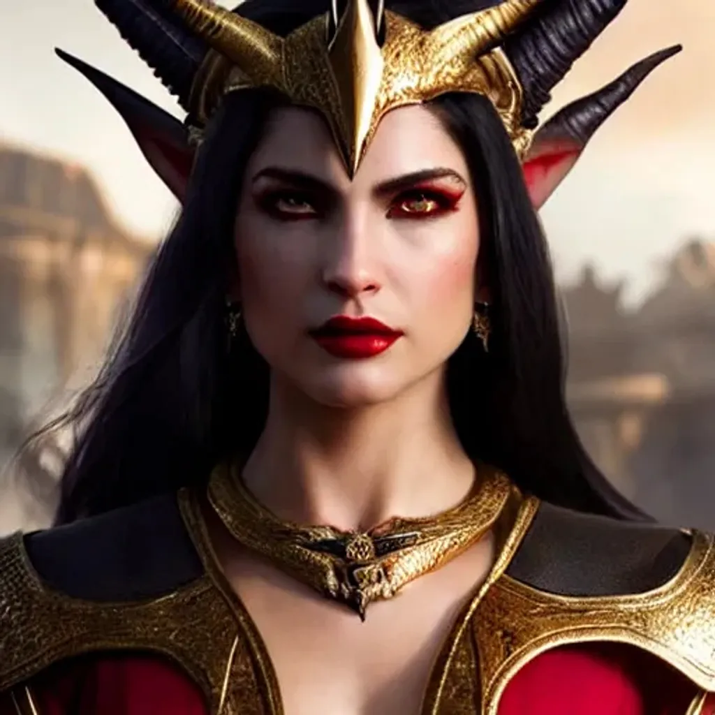 Prompt: Beautiful Tiefling Warrior, female, Beautifull Face, Symmetrical Horns, Black and red Armor, Golden Details, portrait, intricate details, digital painting, digital art, 4k, beautiful, insanely detailed, unreal engine, dynamic lighting, masterpiece, by Greg Rutkowski, by artgerm, smooth, hyper-realistic, award-winning photography, epic royal background, full shot, symmetrical, Greg Rutkowski, Charlie Bowater, Beeple, Unreal 5, hyperrealistic, dynamic lighting, fantasy art, cinematic, 4k, epic Steven Spielberg movie still, sharp focus, emitting diodes, smoke, artillery, sparks, racks, system unit, motherboard, by pascal blanche rutkowski repin artstation hyperrealism painting concept art of detailed character design matte painting, 4 k resolution blade runner