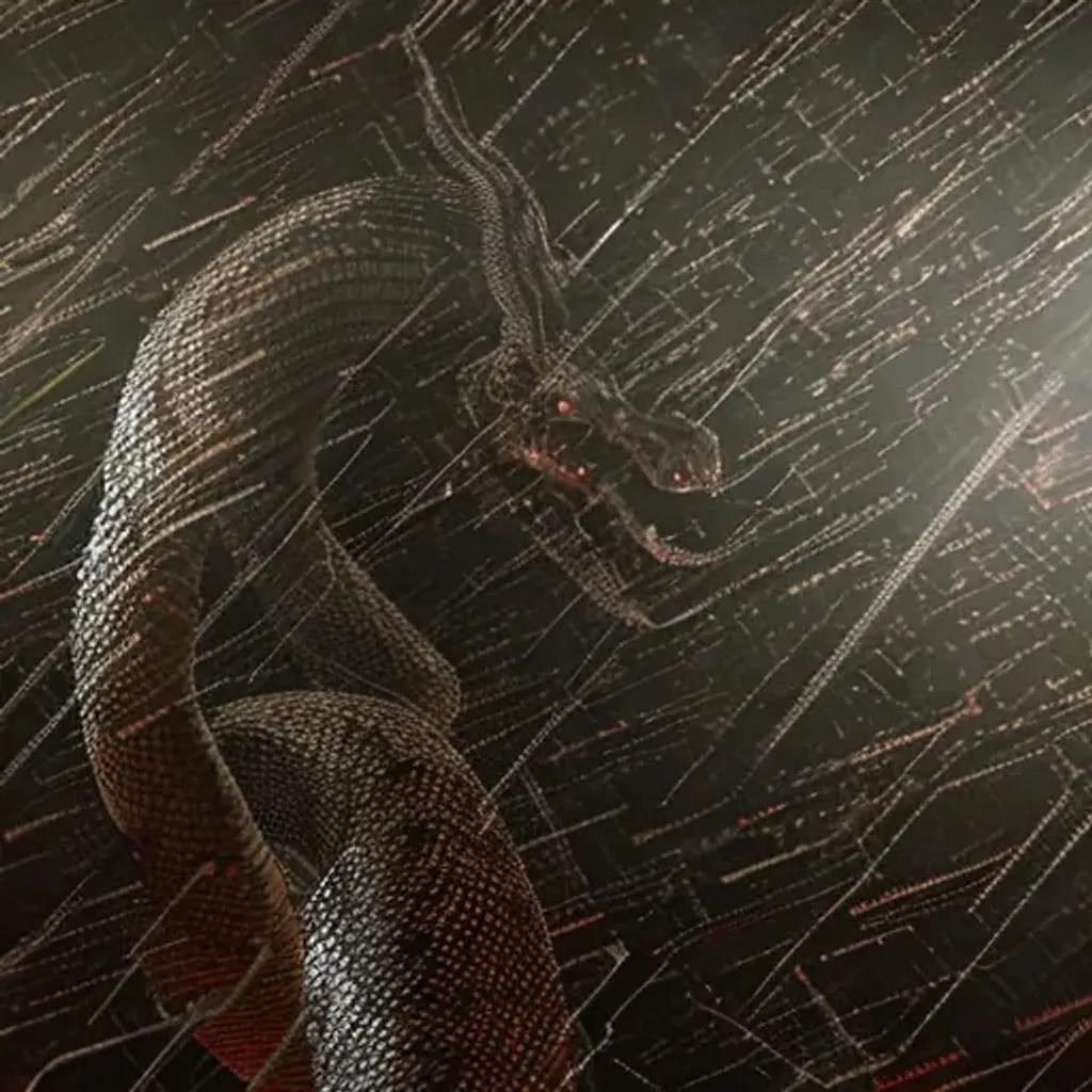 Prompt: Roko's Basilisk, giant snake, terrifying, horror, dark atmosphere, facing camera, center-frame, AI, cyberpunk, digital snake, obscured by computer code