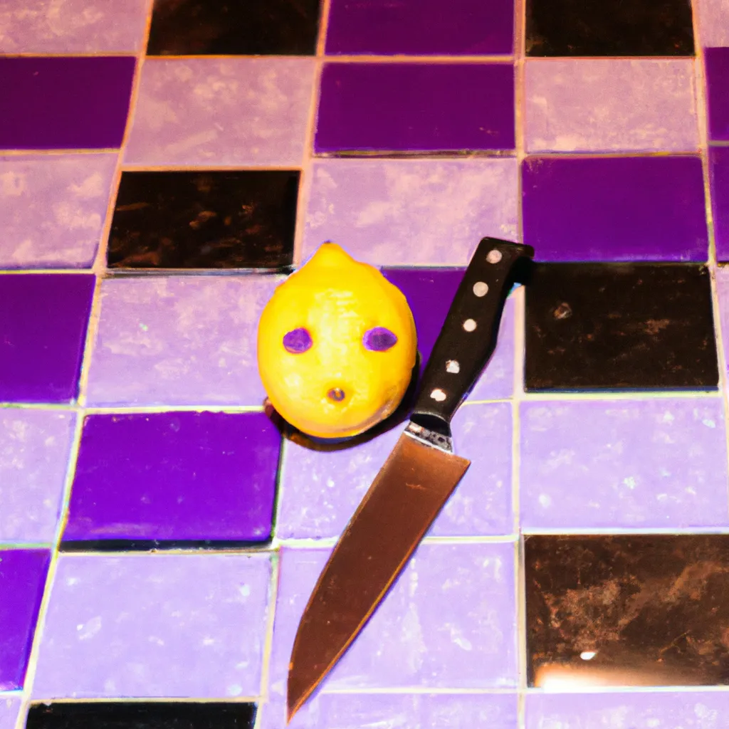 Prompt: a chibi lemon with face and knife. Rule of thirds. very sharp, photography. in a corner of a violet, harmonious, geometric, symmetrical, very square mosaic tiled room. Perfect bright Lighting. illuminated by Three-point lighting