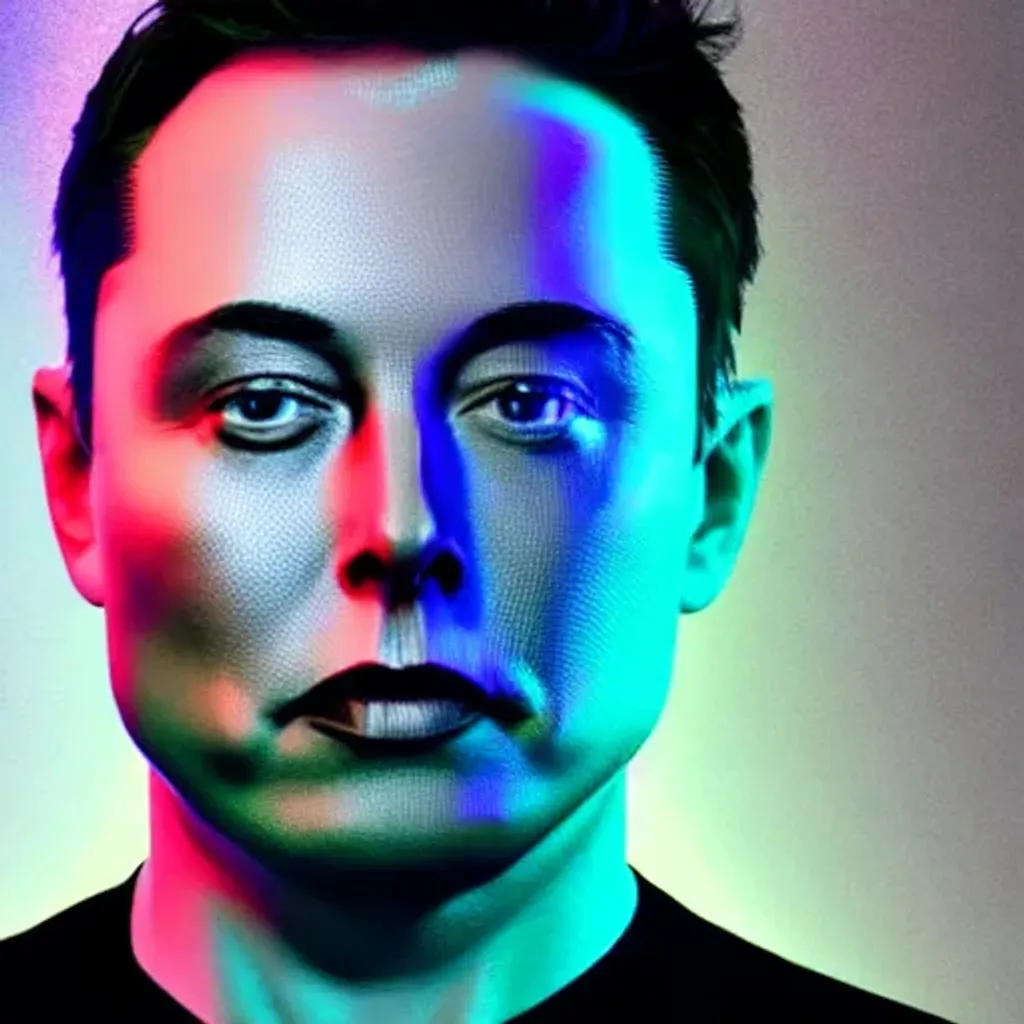 Prompt: 3d render of Elon Musk as a holographic human robotic head made of glossy iridescent, surrealistic 3d illustration of a human face non binary model, 3d model human, cryengine, made of holographic texture, holographic material, holographic rainbow, concept of cyborg and artificial intelligence