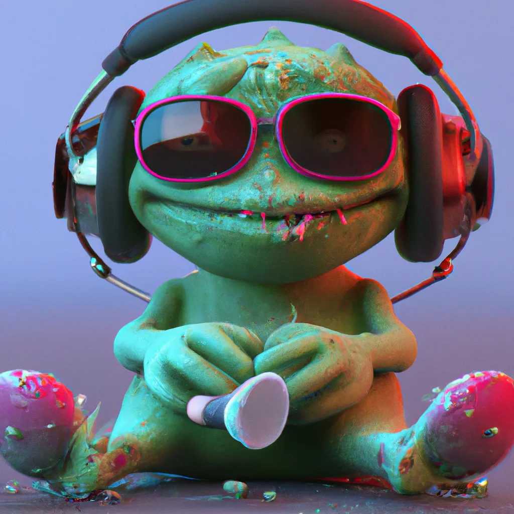 Prompt: a cute Slimey monster relaxed stoner with a leather and headphones on, 3 d, blender 3 d, render, extremely detailed, 8 k, has cracked red eyes,