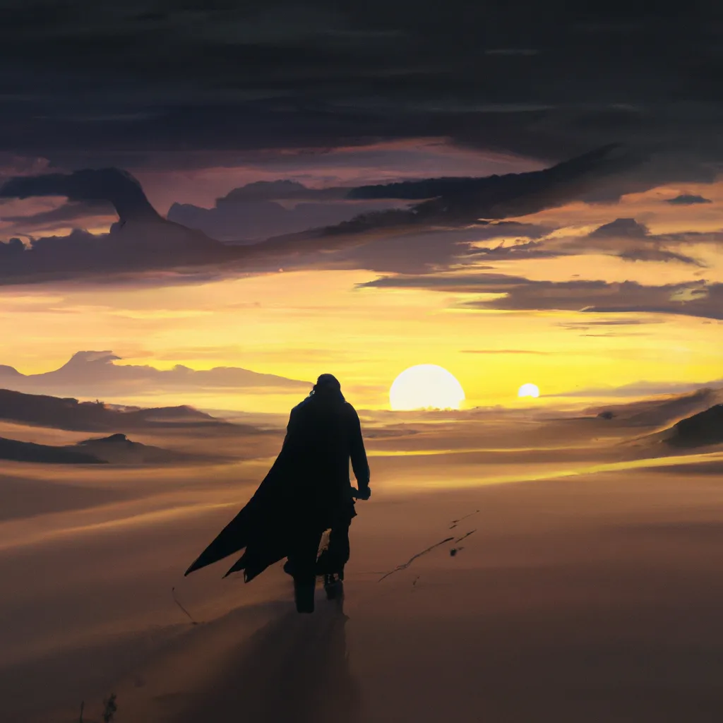 Prompt: a man dressed completely in black walking towards the horizon in a desert while in the horizon you can see a beutiful sunset digital painting, artstation, concept art, soft light, hdri, smooth, sharp focus, illustration, fantasy, intricate, elegant, highly detailed, d&d, matte painting, in the style of greg rutkowski and alphonse mucha and artemisia, 8k, highly detailed, jurgens, rutkowski, bouguereau, pastoral, rustic, georgic