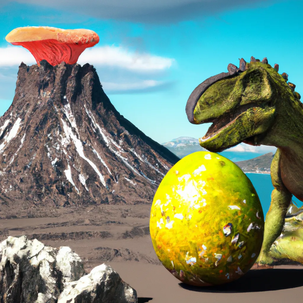 Prompt: dinosaur laying a lemon egg, realistic, highly detailed, 3d, explosive volcano in the background