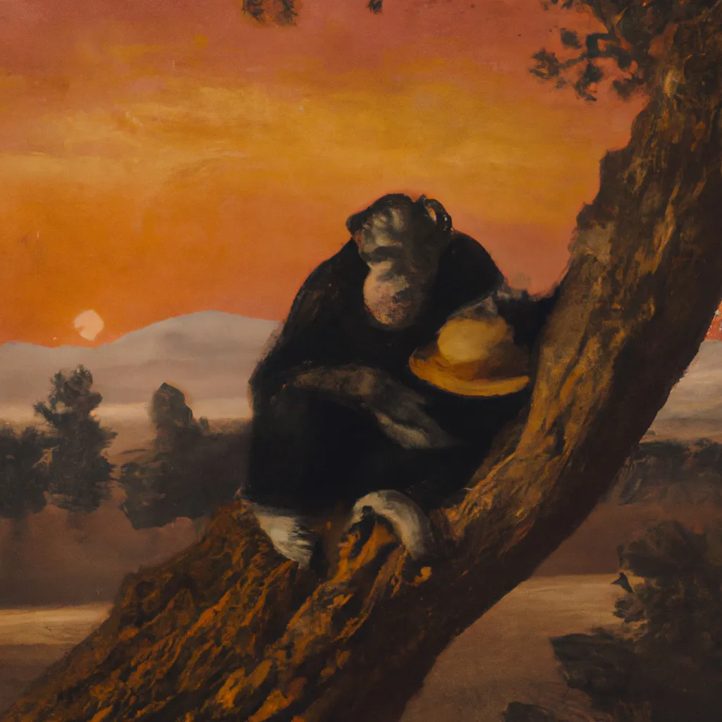 Prompt: 1800s painting big chimp with a red hat and small chimp hugging and sitting on a tree watching sunset