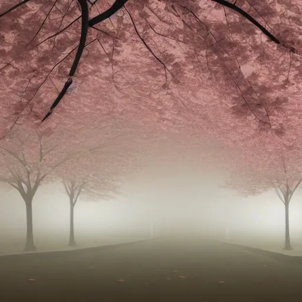 Prompt: low poly cherry blossom tree in the fog at night, with a street lamp nearby, soft colors