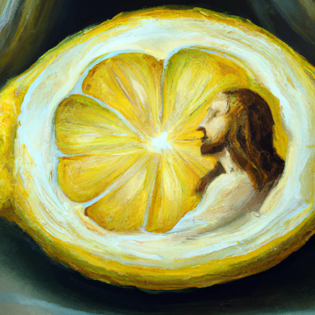 Prompt: An oil painting of a lemon cut open showing Jesus with a halo inside by Frank Frazetta and Flora Macdonald Reid. ultra realistic Jesus, 8k, baroque masterpiece, highly detailed, religious art. details inside lemon, sharp studio artwork