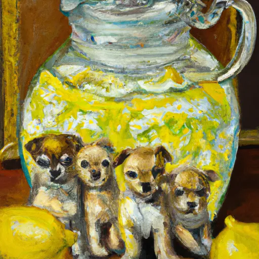 Prompt: A lemonade pitcher filled with puppies, oil painting in the style of Vincent Van Gogh