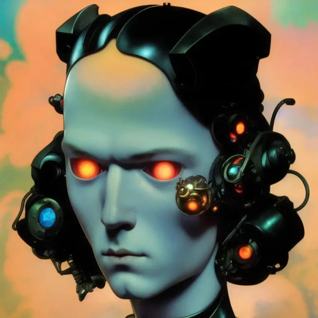 Prompt: detailed realistic realism real ((closeup)) of handsome [robot|cyborg|man] with fiber optic hair in front of an iridescent incandescent background, bright eyes on fire, (pastel color) flames and art by alphonse mucha, greg rutkowski, gaston bussiere