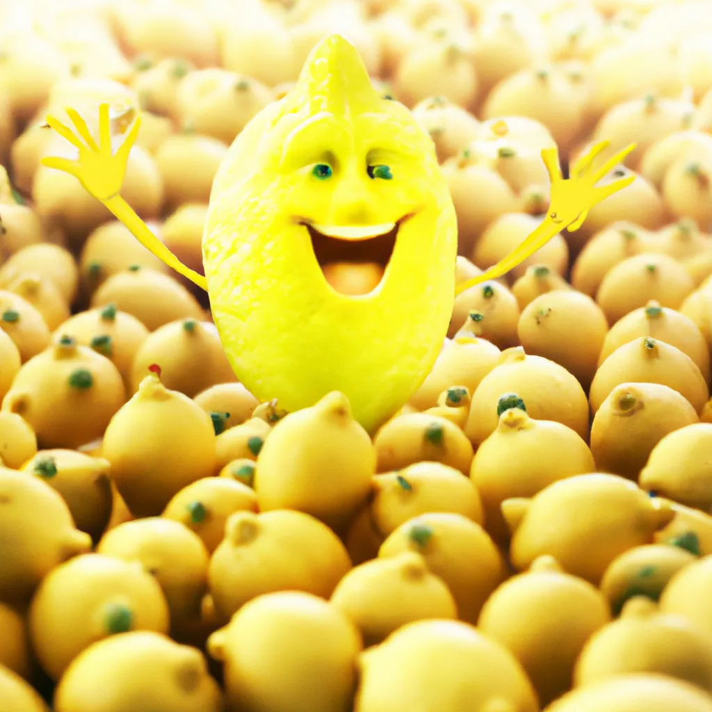 Prompt: 3-D, Photo-Realistic, Laughing Giant Lemon surround by huge crowd of cheering lemon admirers
