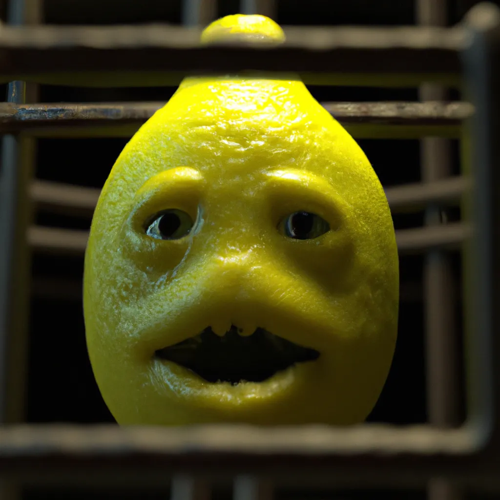 Prompt: bumpy yellow lemon with face screaming, behind bars in prison, close-up, cinematic, octane render, ray tracing art