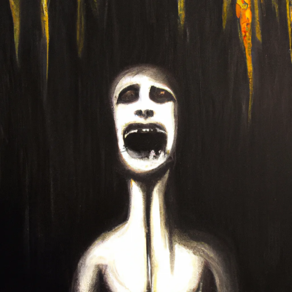 Prompt: oil painting, distorted face,slim distorted female body, horror, dark background, screaming, agony