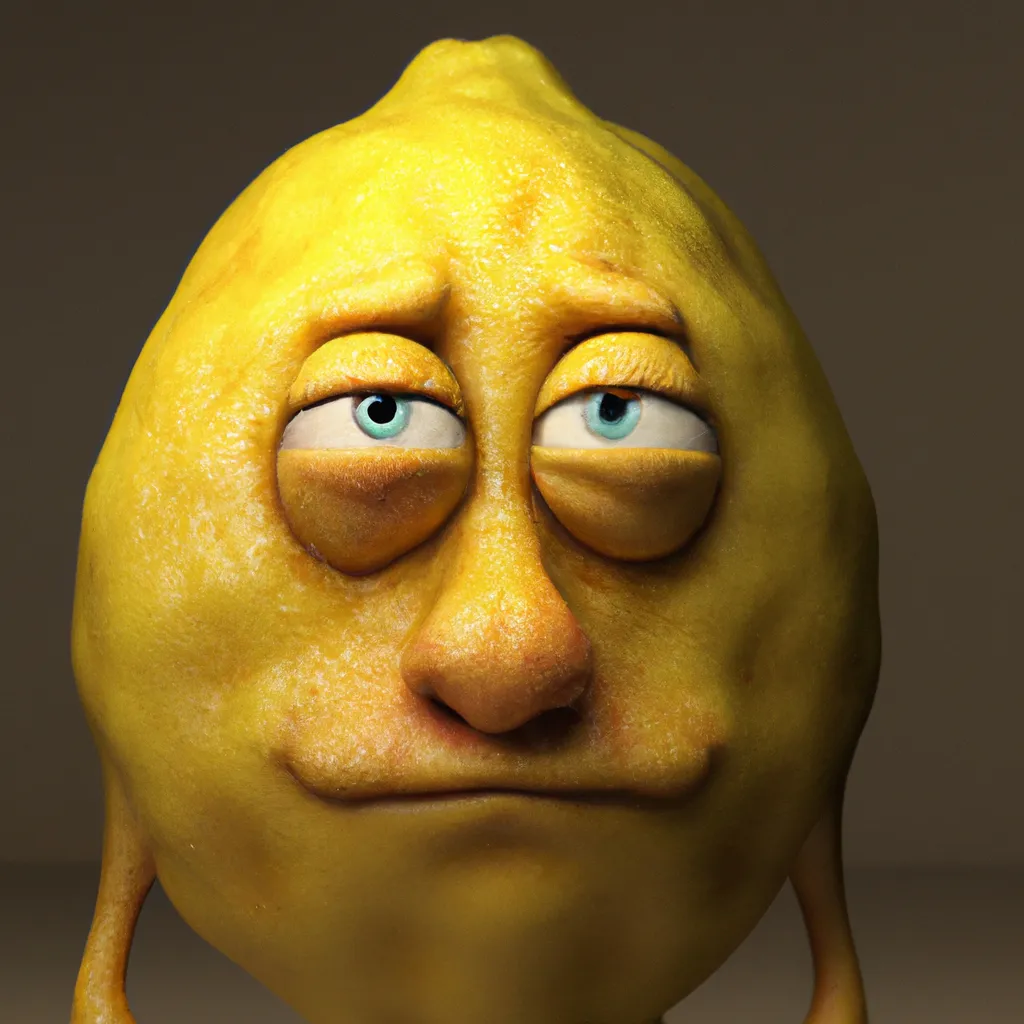 Prompt: pixar portrait of a lemon with a human face and arms.  Wild face. looking at camera.  digital Art, perfect composition, beautiful detailed intricate insanely detailed octane render trending on artstation, 8 k artistic photography, photorealistic concept art, soft natural volumetric cinematic perfect light, chiaroscuro, award - winning photograph, masterpiece, oil on canvas, raphael, caravaggio, greg rutkowski, beeple, beksinski, 