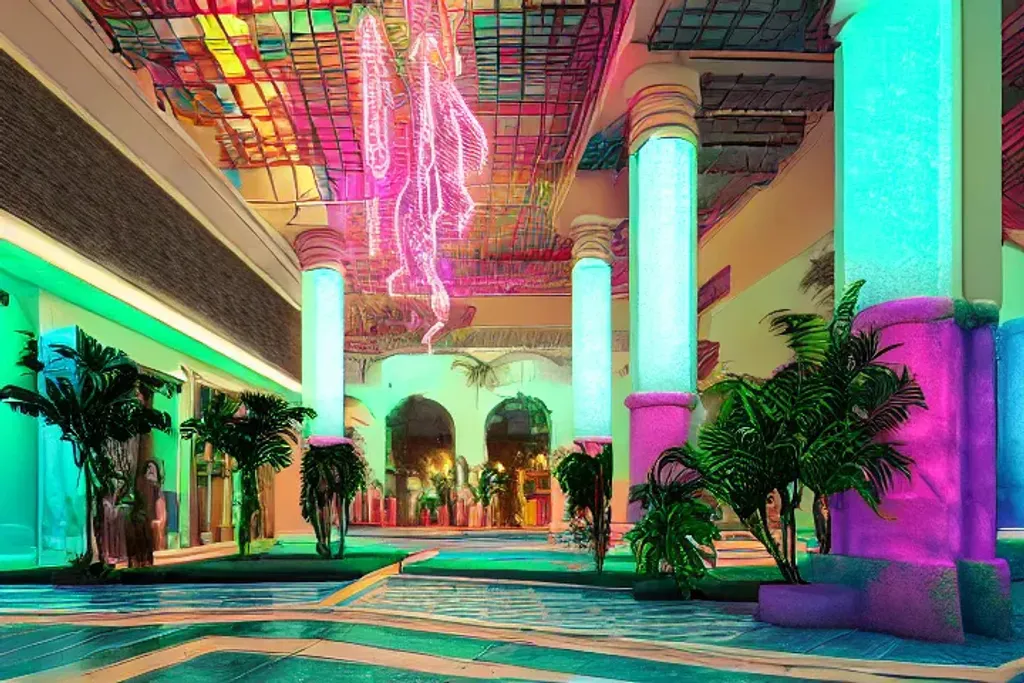 Prompt: multi story vaporwave aesthetic indoor liminal 90s mall with central water fountain, columns, checkered floor tiles, palm trees, neon lights, Wide angle shot, 4k octane render, Fuji film, intricate detail, photoreal, cinematic, sublime atmosphere, at night time, colored lighting