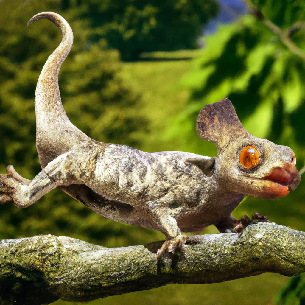 Prompt: bizarre animal, fictional strange bone and muscle structure of a dinosaur, it's chimera of Sunda Flying Lemur with a salamander body, but has macrauchenia's trunk and it's beak is similart to the duck-billed platypus . amazing, warning coloration skin,  pre-historic, Full shot, Long shot, speculative evolution. Highly realistic, accurate anatomically correct paleoart, ultra-realistic CGI representation,  hyperrealistic, award-winning wildlife photography,  4k, trending on artstation, staged photography , scientifically correct